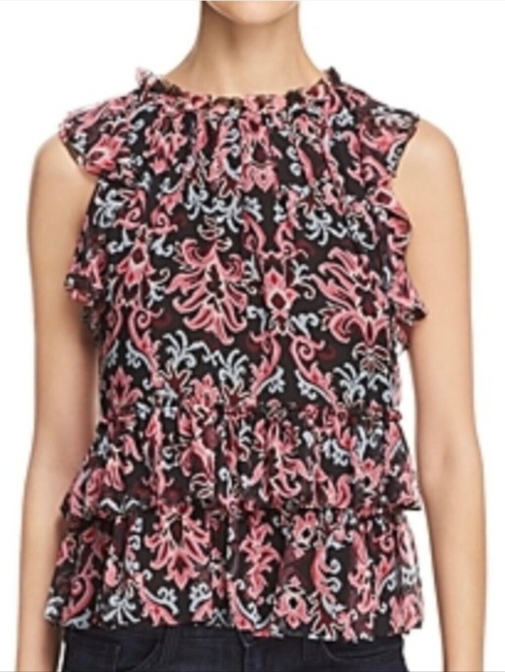 Kate Spade Black Floral Ruffle Camisole with Pink Accents Size Medium
